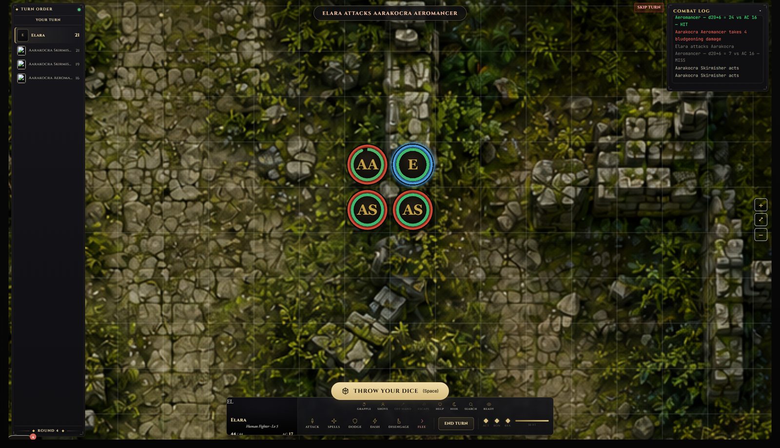 Critspark tactical battlemap: a fighter surrounded by aarakocra in jungle ruins, with turn order, action bar, and a combat log showing real d20 rolls