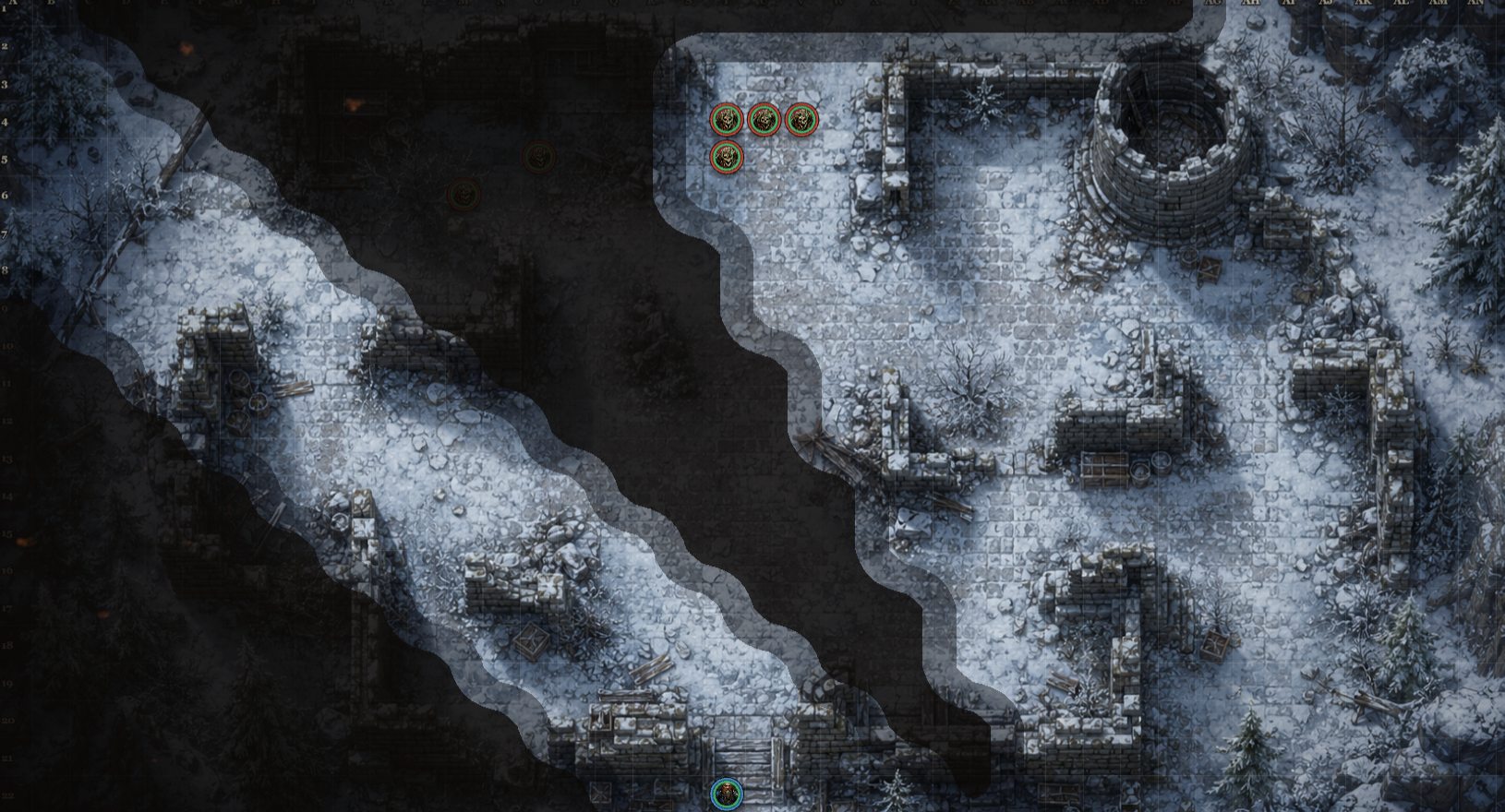 Critspark battlemap in snowy ruins: the party's line of sight carves a lit path through the ruins while everything beyond it sits under fog, with skeletons waiting at the edge of the light and more hidden in the dark