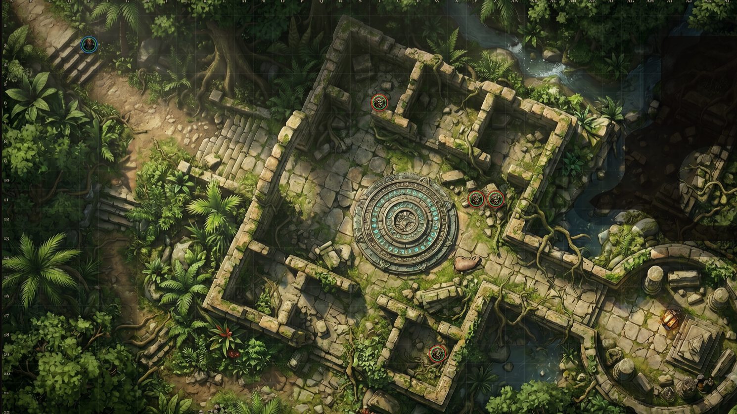 Critspark tactical battlemap with fog of war: the party's line of sight is lit across jungle ruins while unexplored ground sits under heavy fog, with skeleton tokens closing in